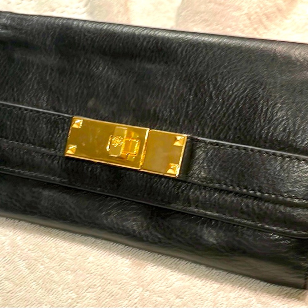Tory Burch tri fold long black leather wallet w/gold accents